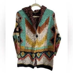 MAXSPORT Hooded Cardigan in Ivory/Turq Multi Sz XL